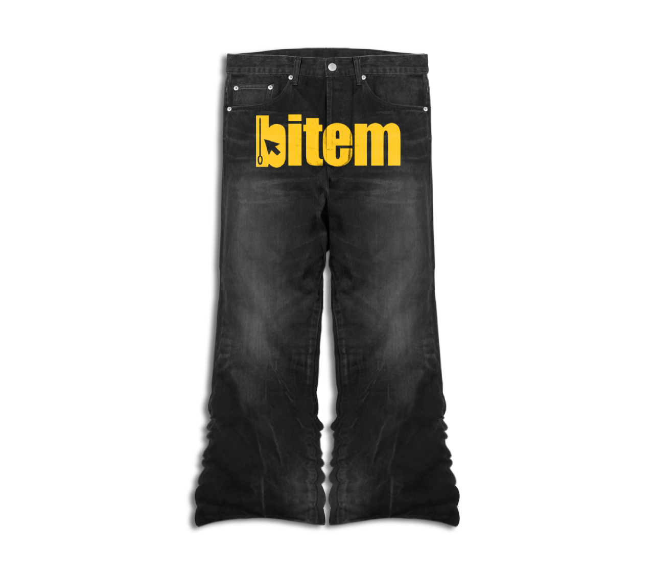 Stacked jeans with screen printed bitem logo - front