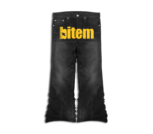 Stacked jeans with screen printed bitem logo - front