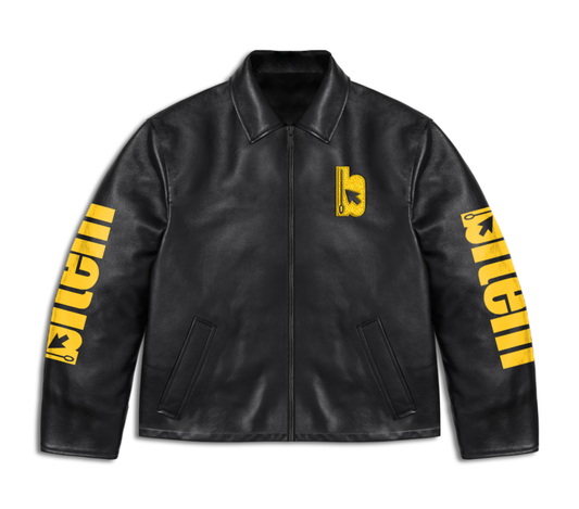 Biker jacket with embroidered and screen printed bitem logo - front