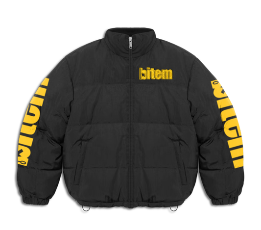 Down jacket with embroidered and screen printed bitem logo - front

