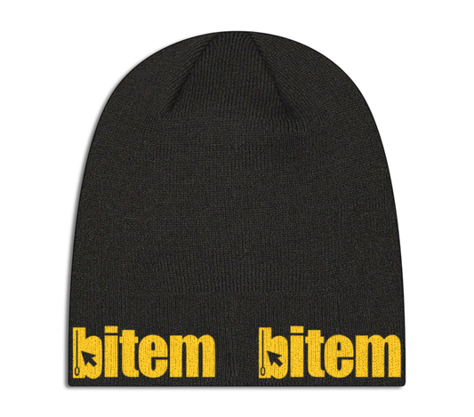 Skull knit beanie with screen printed bitem logo - front