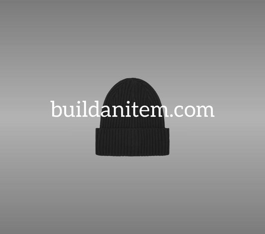 Front: Black knitted beanie mockup PSD front view streetwear
