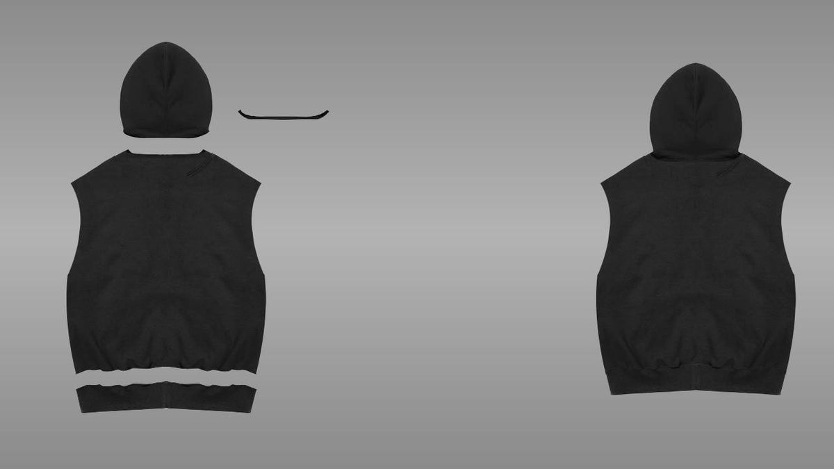 Layers: Black sleeveless zip up hoodie mockup PSD back view streetwear
