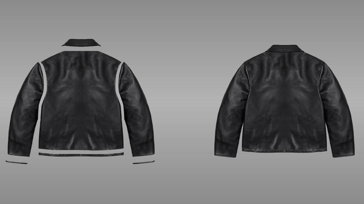 Layers: Black zip-front biker jacket PSD mockup back view streetwear
