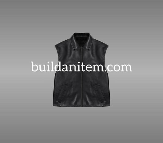 Front: Black zip-front biker vest mockup PSD front view streetwear
